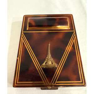 Vintage Eiffel Tower Powder Compact Tortoise Made In France Art Deco w Mirror